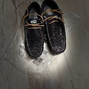 Glitter Black Slip-On Loafers with Tan Laces